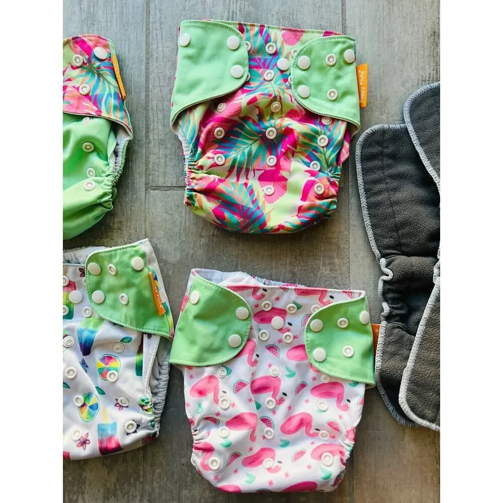 Lot Set Of 4 HAPPY FLUTE Reusable Washable Cloth Cover w/ Bamboo Charcoal Liners